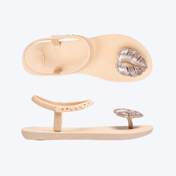 ZHOELALA – Sandals Comfort “TROPICAL LEAVES” • Champagne Cream - Picture 1 of 7